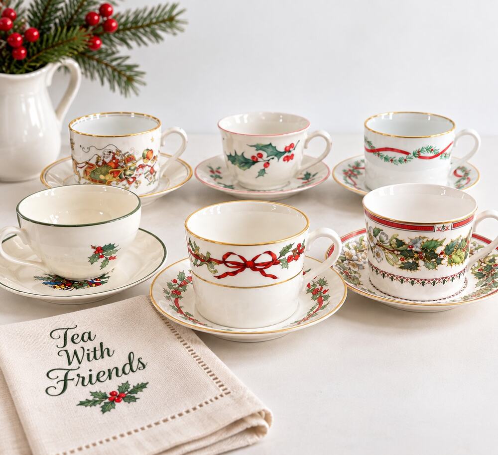 Tea With Friends Christmas Cup Saucer Set 6 Mismatched Fine China Holiday Gift